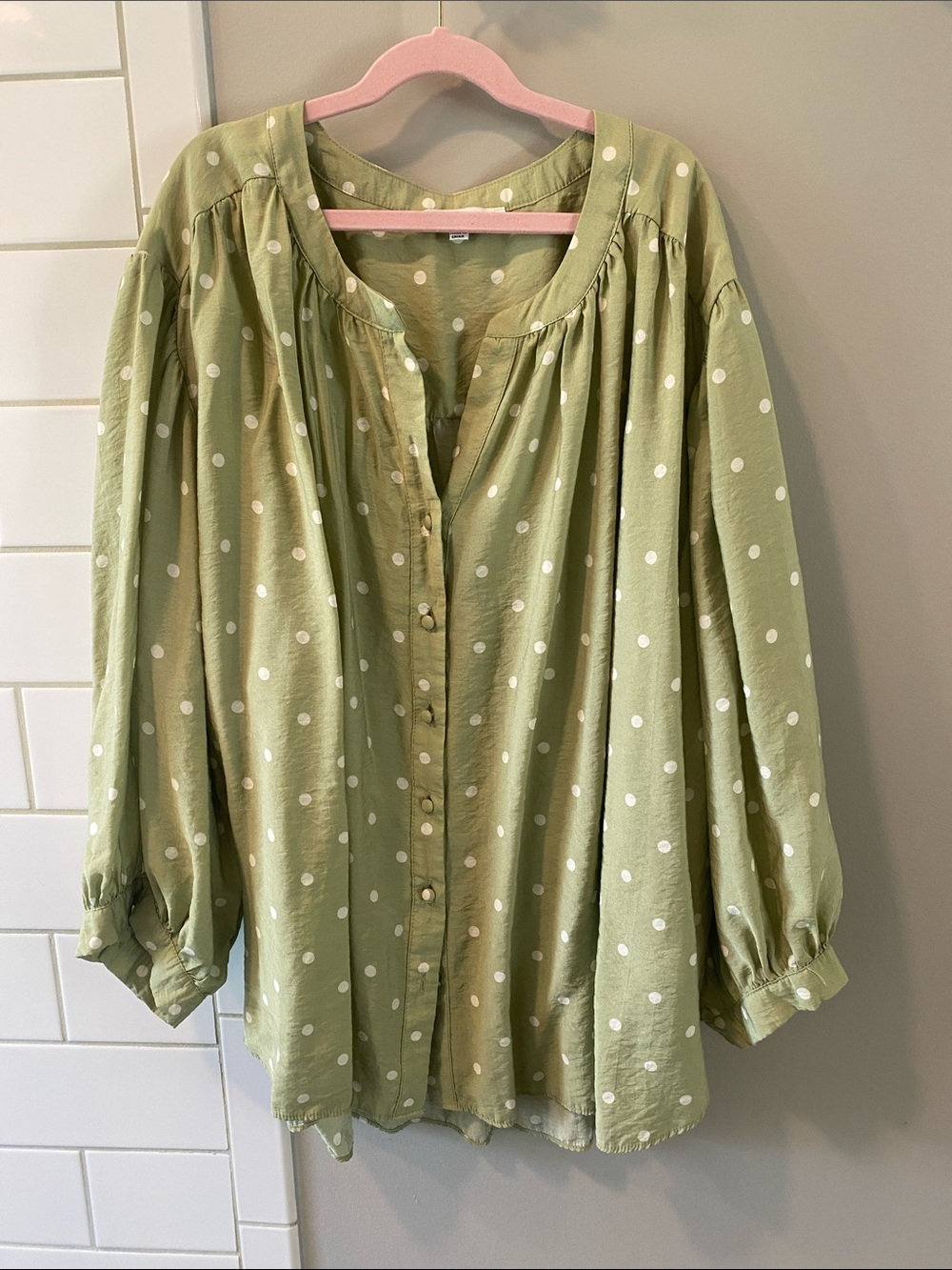 Rose & Olive Light Sage Green Polka Dot Button-Up Blouse